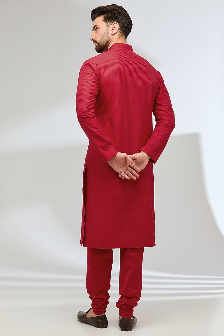Red Katan Silk Laser-Cut Embroidered Kurta Set by Sahil Kochhar Men at Pernia's Pop Up Shop