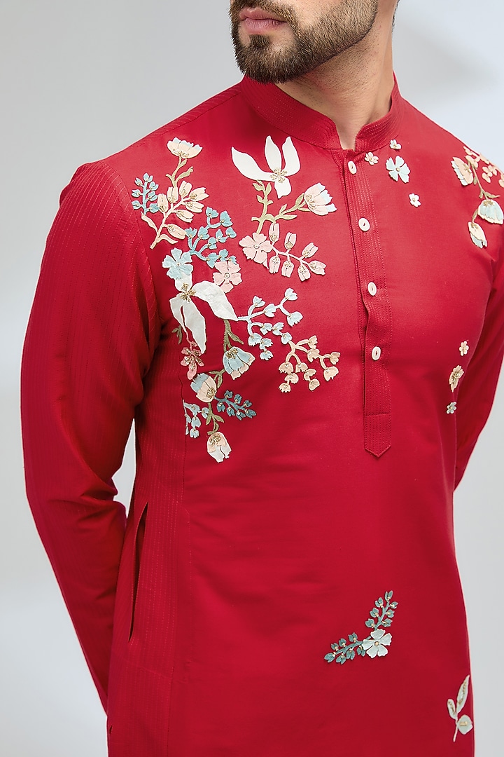 Red Katan Silk Laser-Cut Embroidered Kurta Set by Sahil Kochhar Men at Pernia's Pop Up Shop