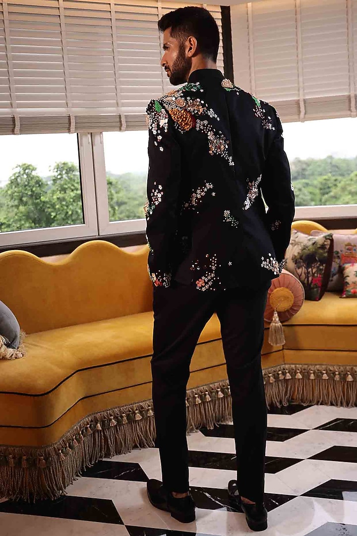 Black Suiting Hand Embroidered Groom Bandhgala Set by Sahil Kochhar Men at Pernia's Pop Up Shop