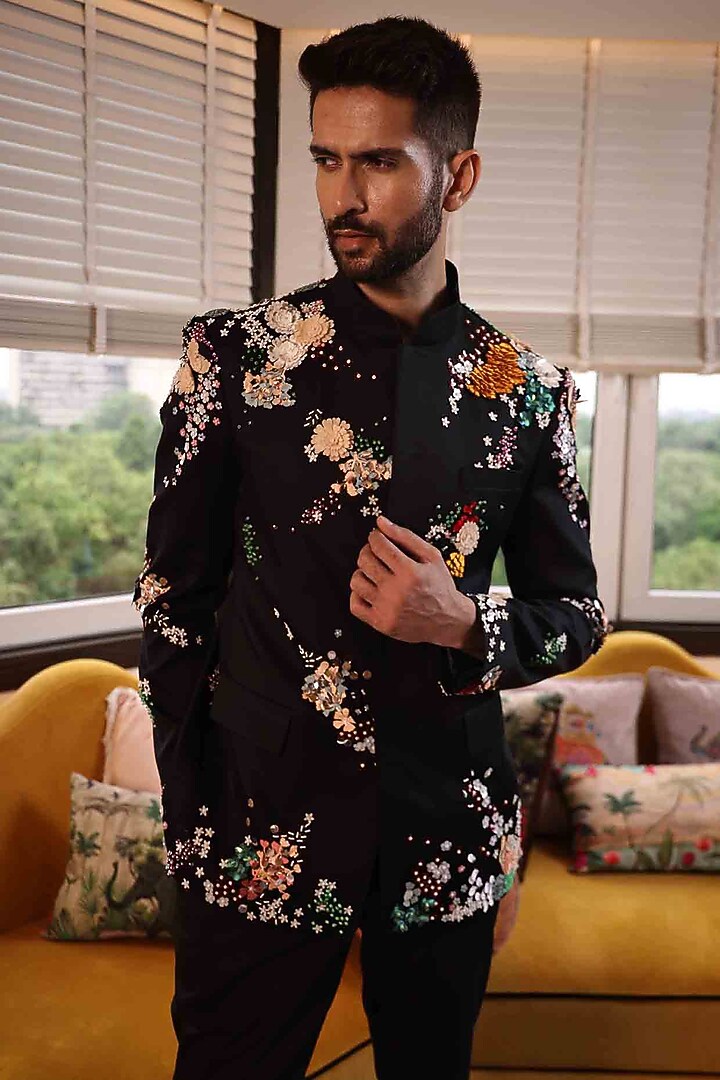 Black Suiting Hand Embroidered Groom Bandhgala Set by Sahil Kochhar Men at Pernia's Pop Up Shop