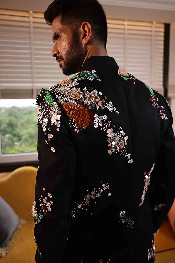 Black Suiting Hand Embroidered Groom Bandhgala Set by Sahil Kochhar Men at Pernia's Pop Up Shop