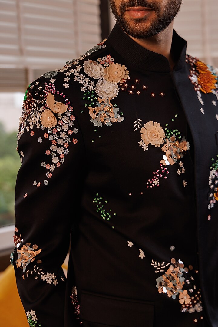 Black Suiting Hand Embroidered Groom Bandhgala Set by Sahil Kochhar Men at Pernia's Pop Up Shop