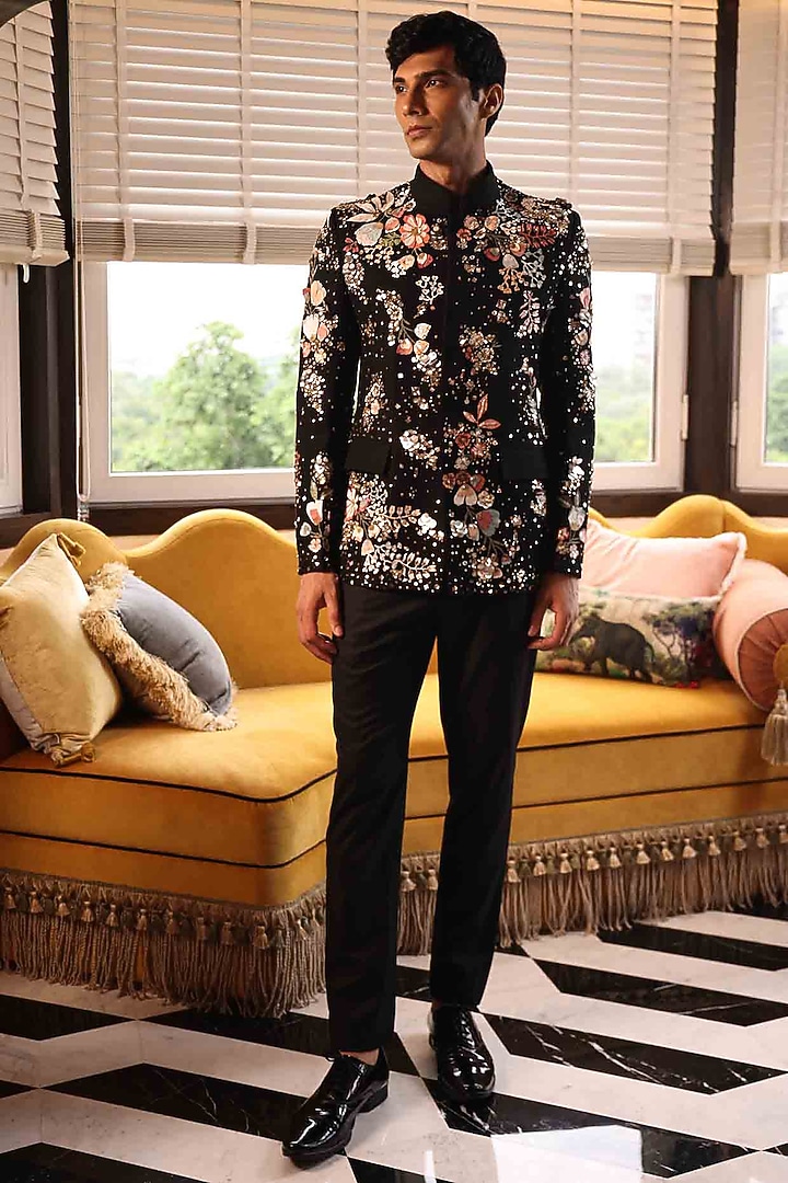Black Matka Silk Hand Embroidered Groom Bandhgala Set by Sahil Kochhar Men at Pernia's Pop Up Shop