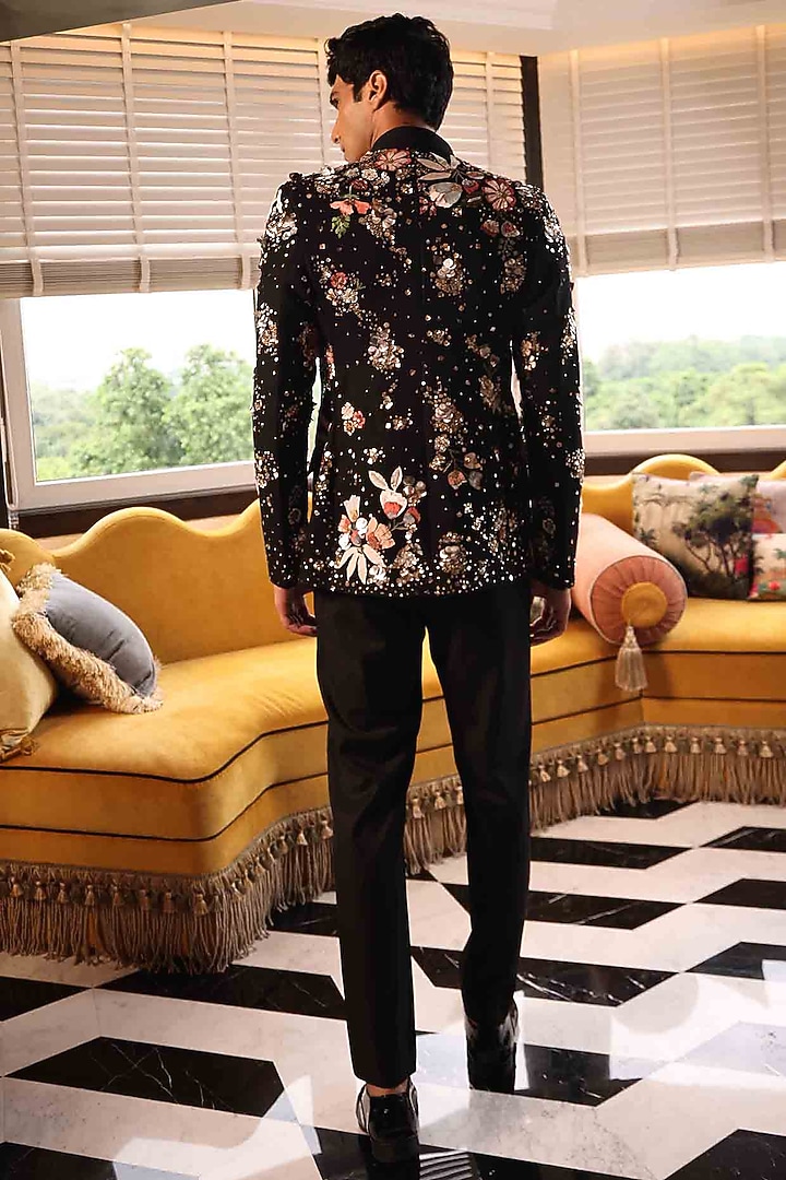 Black Matka Silk Hand Embroidered Groom Bandhgala Set by Sahil Kochhar Men at Pernia's Pop Up Shop