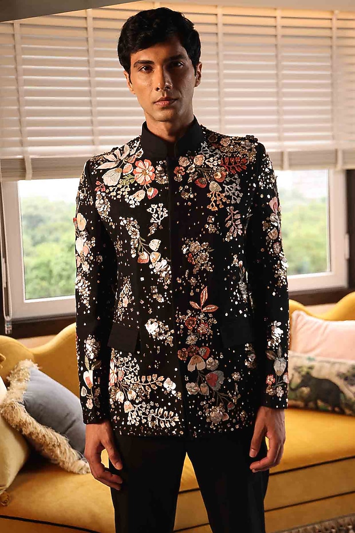 Black Matka Silk Hand Embroidered Groom Bandhgala Set by Sahil Kochhar Men at Pernia's Pop Up Shop