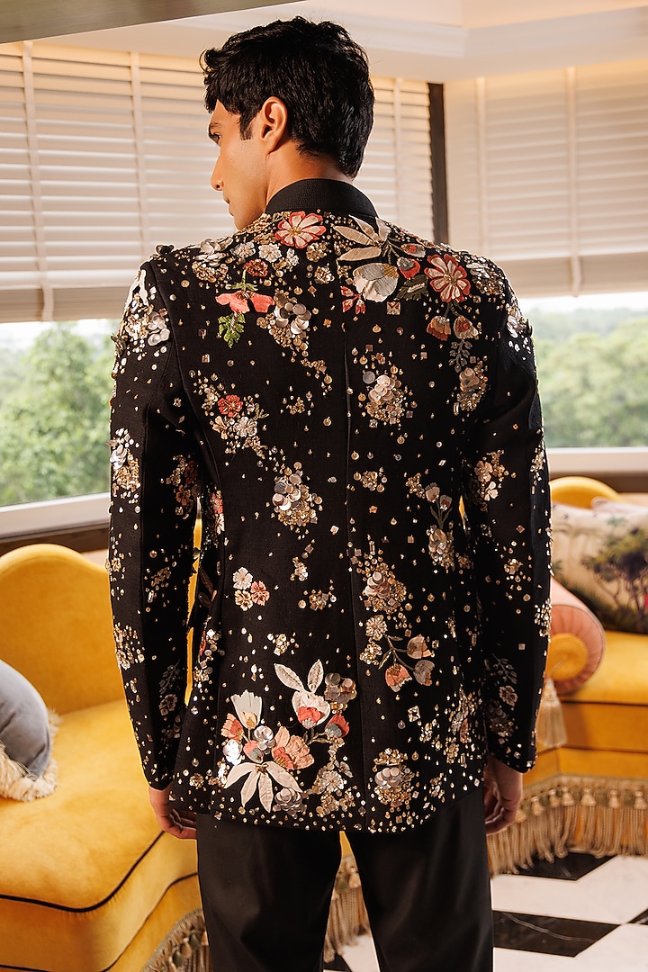 Black Matka Silk Hand Embroidered Groom Bandhgala Set by Sahil Kochhar Men at Pernia's Pop Up Shop