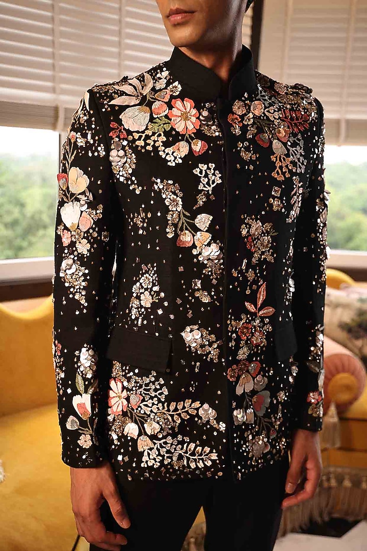 Black Matka Silk Hand Embroidered Groom Bandhgala Set by Sahil Kochhar Men at Pernia's Pop Up Shop