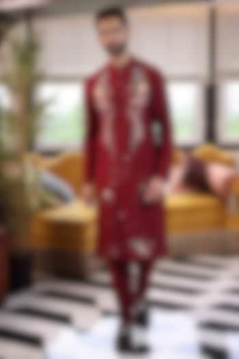 Wine Katan Silk Floral Hand Embroidered Kurta Set by Sahil Kochhar Men at Pernia's Pop Up Shop