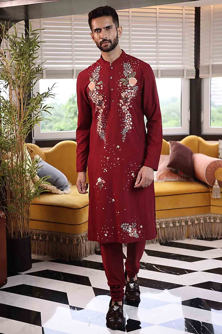 Wine Katan Silk Floral Hand Embroidered Kurta Set by Sahil Kochhar Men at Pernia's Pop Up Shop