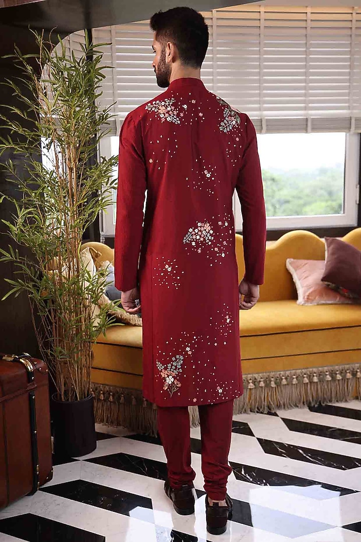Wine Katan Silk Floral Hand Embroidered Kurta Set by Sahil Kochhar Men at Pernia's Pop Up Shop