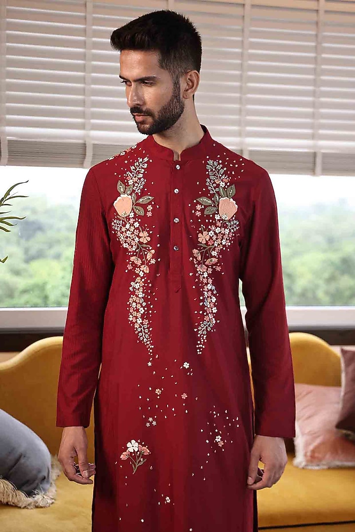 Wine Katan Silk Floral Hand Embroidered Kurta Set by Sahil Kochhar Men at Pernia's Pop Up Shop
