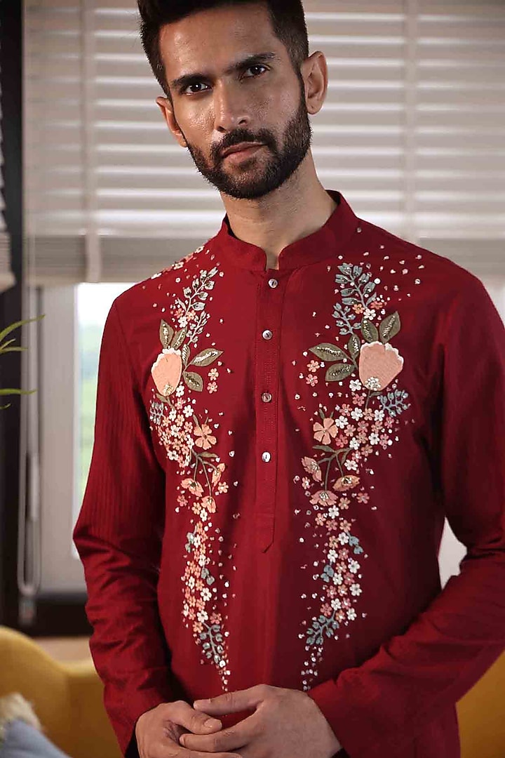 Wine Katan Silk Floral Hand Embroidered Kurta Set by Sahil Kochhar Men at Pernia's Pop Up Shop