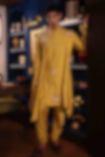 Yellow Katan Silk Hand Embroidered Kurta Set by Sahil Kochhar Men at Pernia's Pop Up Shop