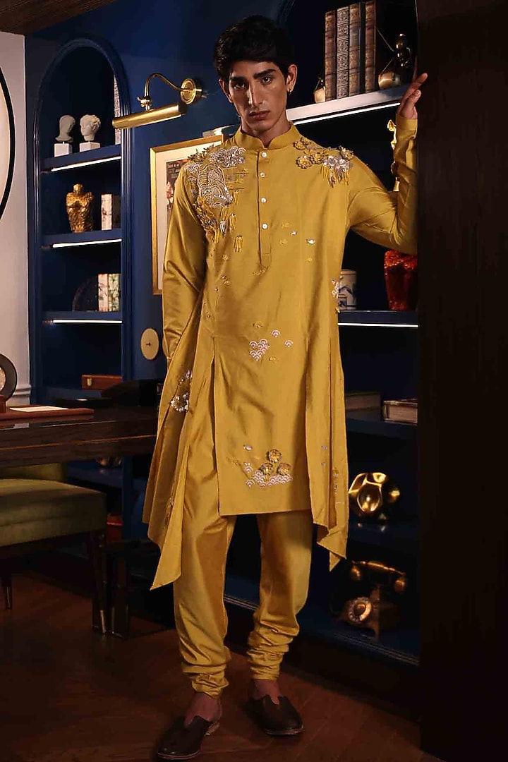 Yellow Katan Silk Hand Embroidered Kurta Set by Sahil Kochhar Men at Pernia's Pop Up Shop
