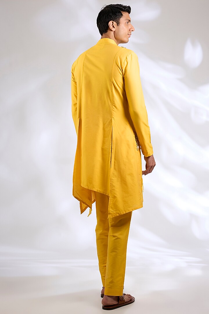 Yellow Katan Silk Hand Embroidered Kurta Set by Sahil Kochhar Men at Pernia's Pop Up Shop