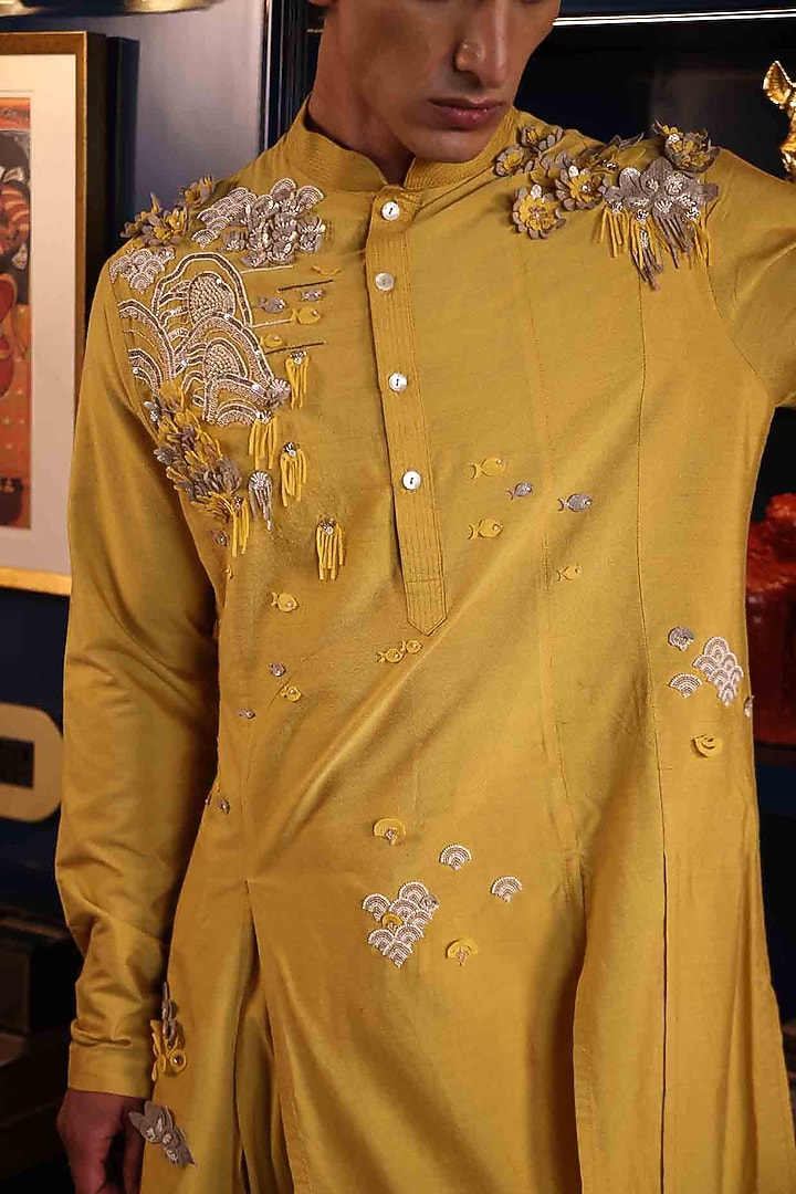 Yellow Katan Silk Hand Embroidered Kurta Set by Sahil Kochhar Men at Pernia's Pop Up Shop