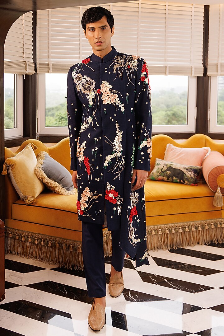 Blue Matka Silk Hand Embroidered Groom Sherwani Set by Sahil Kochhar Men at Pernia's Pop Up Shop