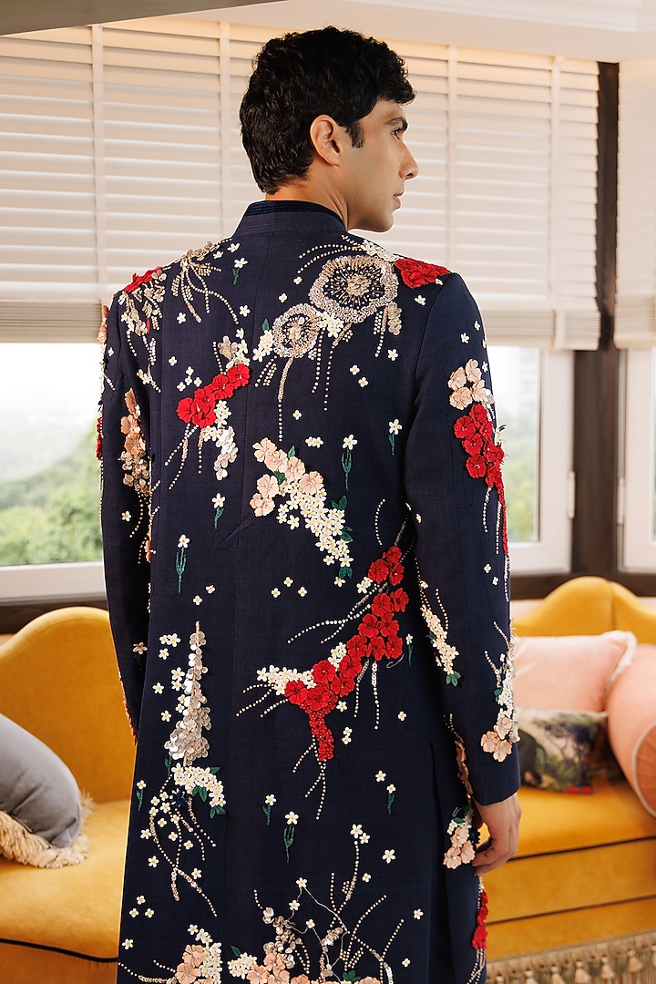 Blue Matka Silk Hand Embroidered Groom Sherwani Set by Sahil Kochhar Men at Pernia's Pop Up Shop