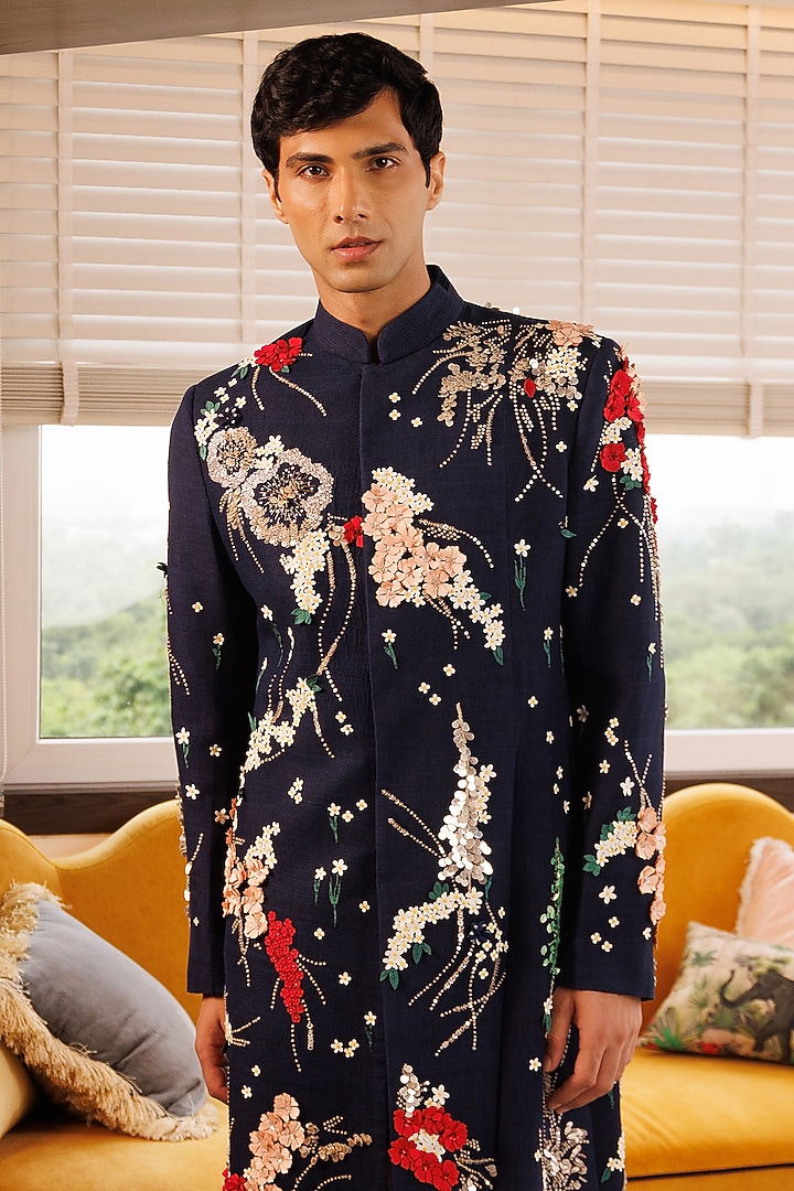 Blue Matka Silk Hand Embroidered Groom Sherwani Set by Sahil Kochhar Men at Pernia's Pop Up Shop