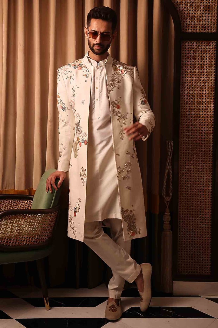 Ivory Matka Silk Hand Embroidered Groom Sherwani Set by Sahil Kochhar Men at Pernia's Pop Up Shop