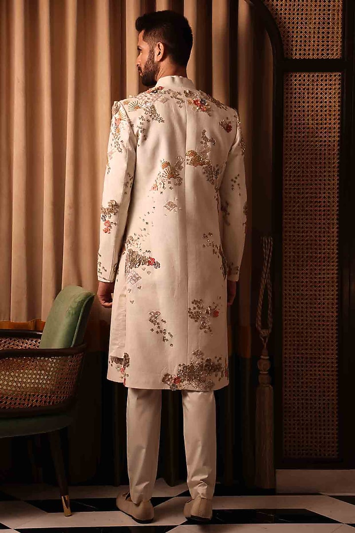 Ivory Matka Silk Hand Embroidered Groom Indowestern Set by Sahil Kochhar Men at Pernia's Pop Up Shop