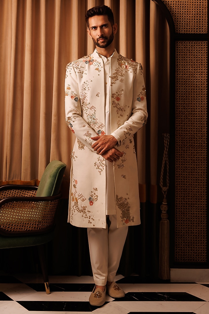 Ivory Matka Silk Hand Embroidered Groom Indowestern Set by Sahil Kochhar Men at Pernia's Pop Up Shop