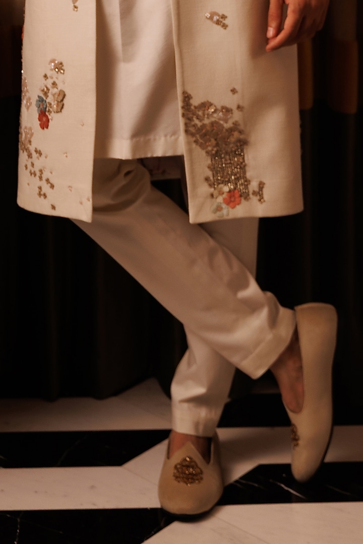 Ivory Matka Silk Hand Embroidered Groom Indowestern Set by Sahil Kochhar Men at Pernia's Pop Up Shop
