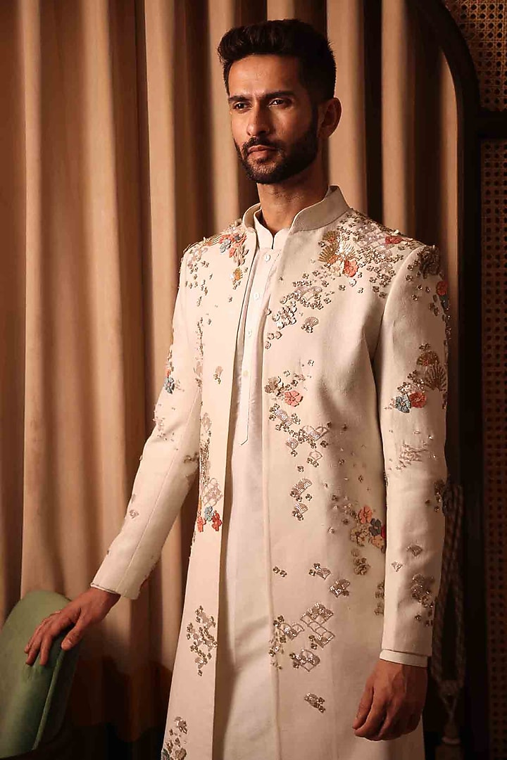 Ivory Matka Silk Hand Embroidered Groom Indowestern Set by Sahil Kochhar Men at Pernia's Pop Up Shop