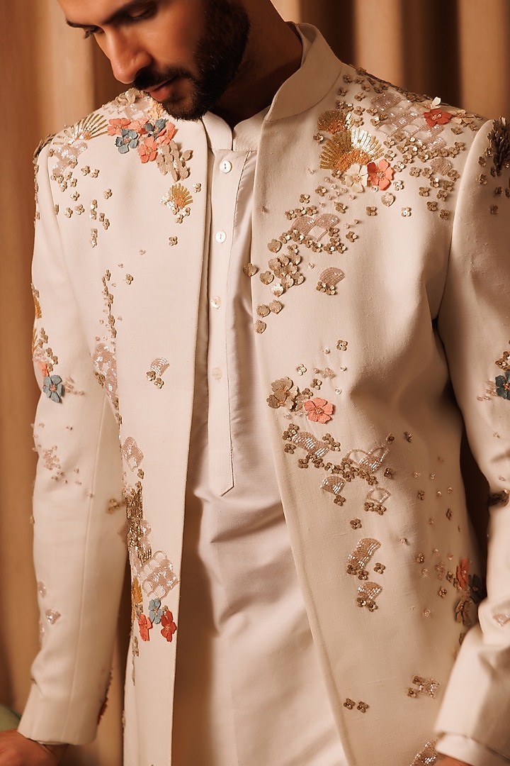 Ivory Matka Silk Hand Embroidered Groom Indowestern Set by Sahil Kochhar Men at Pernia's Pop Up Shop