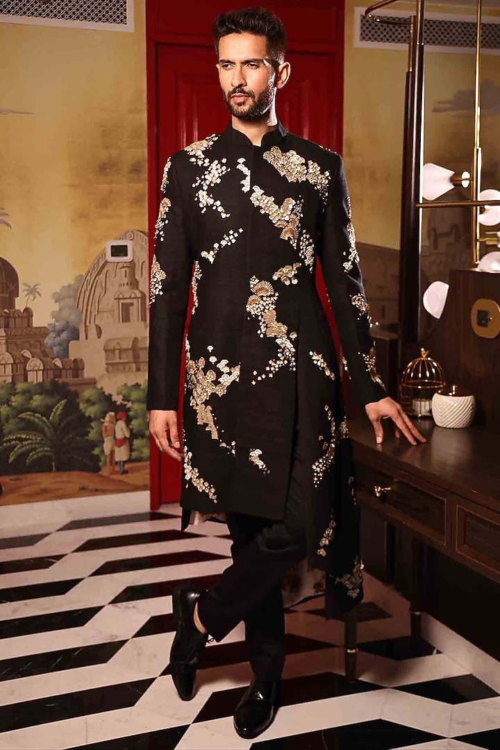 Black Matka Silk Hand Embroidered Groom Sherwani Set by Sahil Kochhar Men at Pernia's Pop Up Shop
