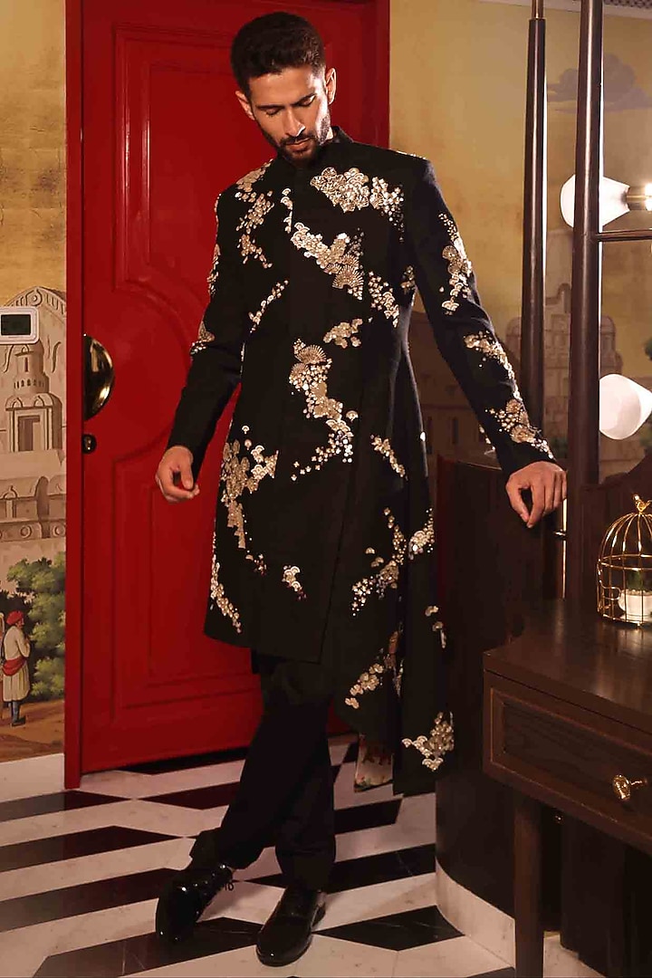 Black Matka Silk Hand Embroidered Groom Sherwani Set by Sahil Kochhar Men at Pernia's Pop Up Shop