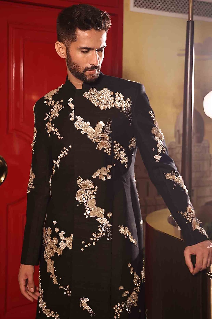 Black Matka Silk Hand Embroidered Groom Sherwani Set by Sahil Kochhar Men at Pernia's Pop Up Shop