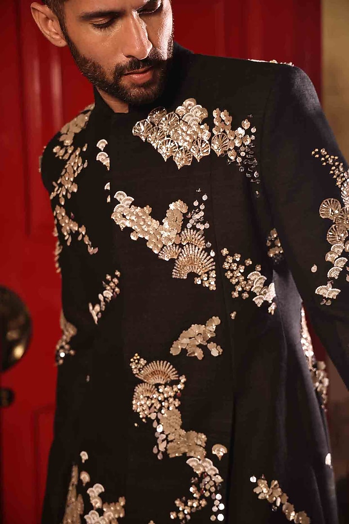 Black Matka Silk Hand Embroidered Groom Sherwani Set by Sahil Kochhar Men at Pernia's Pop Up Shop