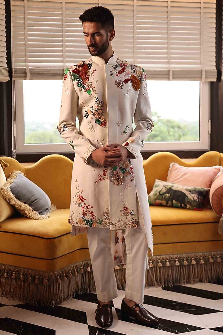 Ivory Matka Silk Hand Embroidered Groom Sherwani Set by Sahil Kochhar Men at Pernia's Pop Up Shop