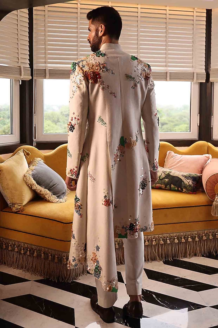 Ivory Matka Silk Hand Embroidered Indo-Western by Sahil Kochhar Men at Pernia's Pop Up Shop