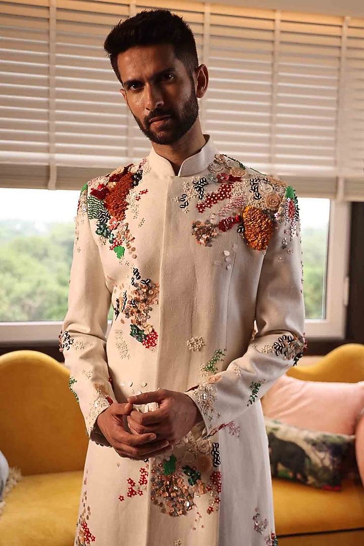 Ivory Matka Silk Hand Embroidered Indo-Western by Sahil Kochhar Men at Pernia's Pop Up Shop
