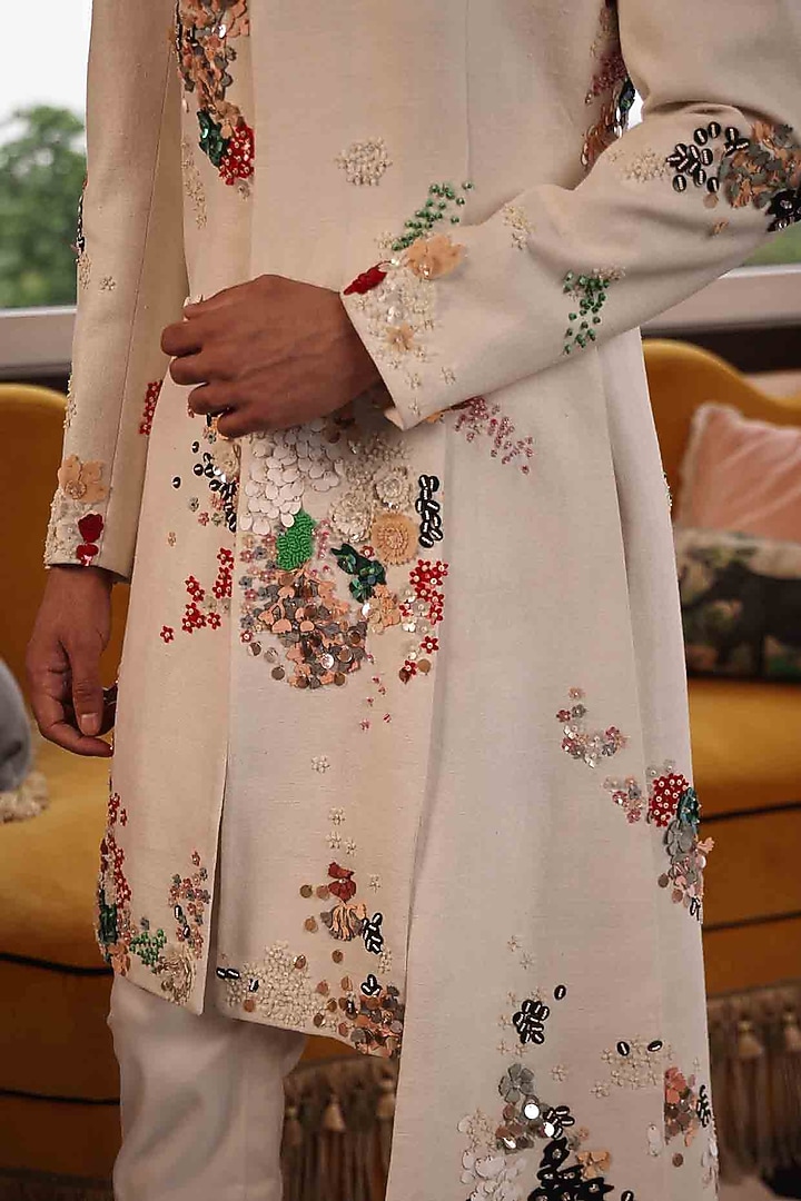 Ivory Matka Silk Hand Embroidered Indo-Western by Sahil Kochhar Men at Pernia's Pop Up Shop