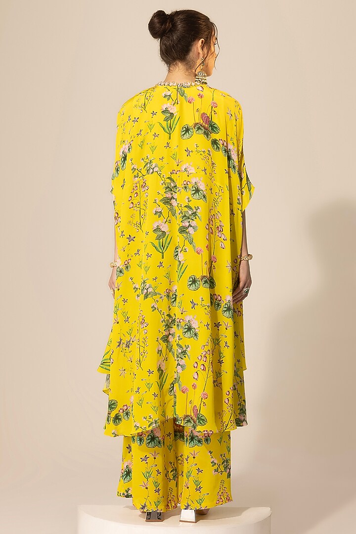 Yellow Crepe Botanical Printed & Embellished Tunic Set by Sakshi Girri at Pernia's Pop Up Shop