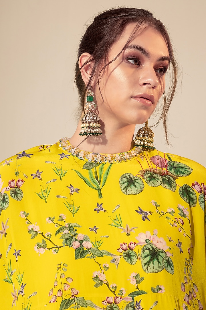 Yellow Crepe Botanical Printed & Embellished Tunic Set by Sakshi Girri at Pernia's Pop Up Shop