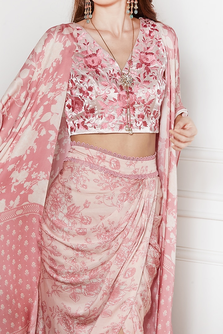 Blush Pink Satin Floral Printed Draped Skirt Set by Sakshi Girri at Pernia's Pop Up Shop