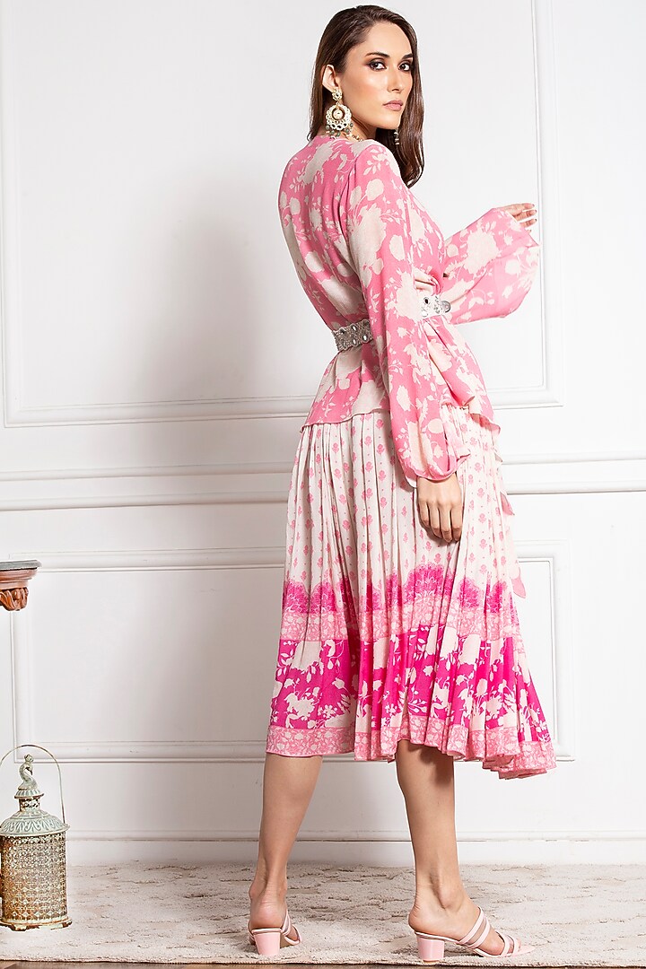 Bright Pink Cotton Wrinkle Floral Printed Skirt Set by Sakshi Girri at Pernia's Pop Up Shop