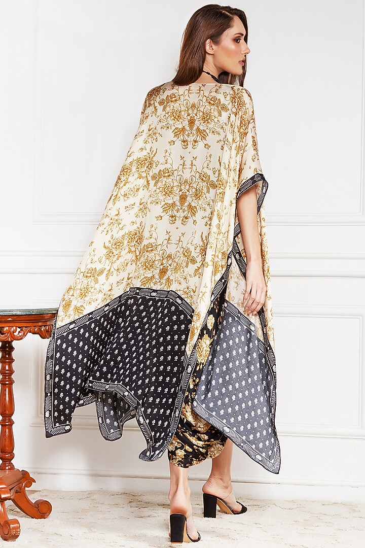 Black & Mustard Satin Floral Printed Draped Skirt Set by Sakshi Girri at Pernia's Pop Up Shop
