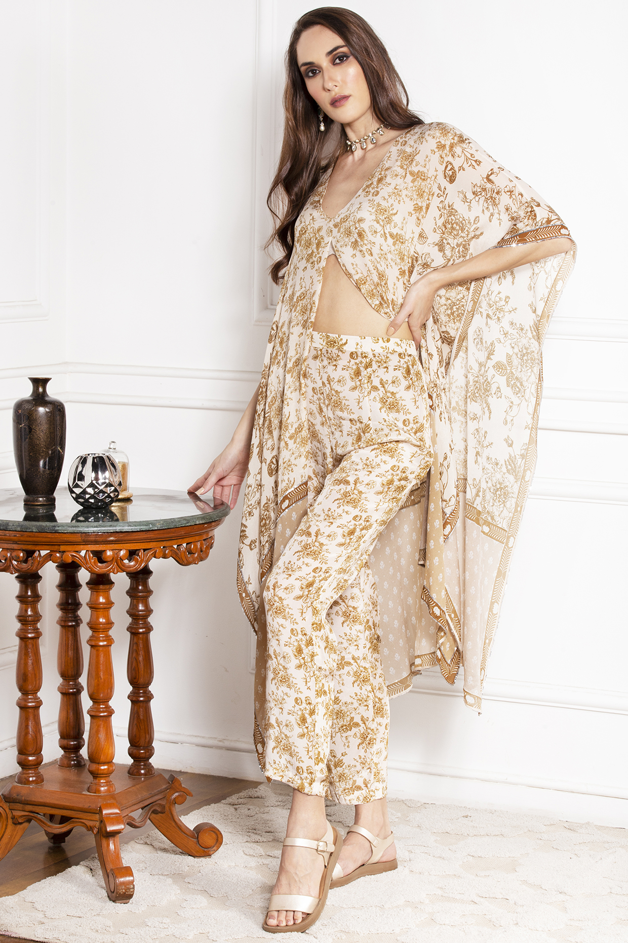 Dark Beige Printed Kaftan Set by Sakshi Girri at Pernia's Pop Up Shop