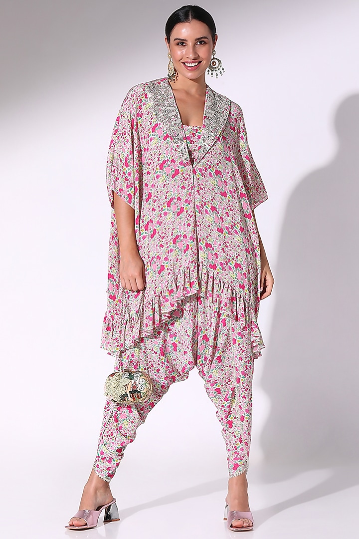 Pink Crepe Floral Printed Ruffle Kaftan Set by Sakshi Girri at Pernia's Pop Up Shop