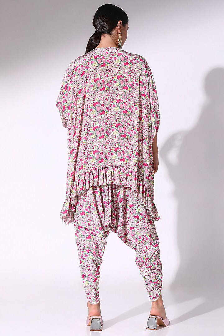 Pink Crepe Floral Printed Ruffle Kaftan Set by Sakshi Girri at Pernia's Pop Up Shop