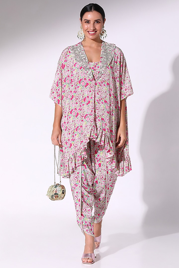 Pink Crepe Floral Printed Ruffle Kaftan Set by Sakshi Girri at Pernia's Pop Up Shop