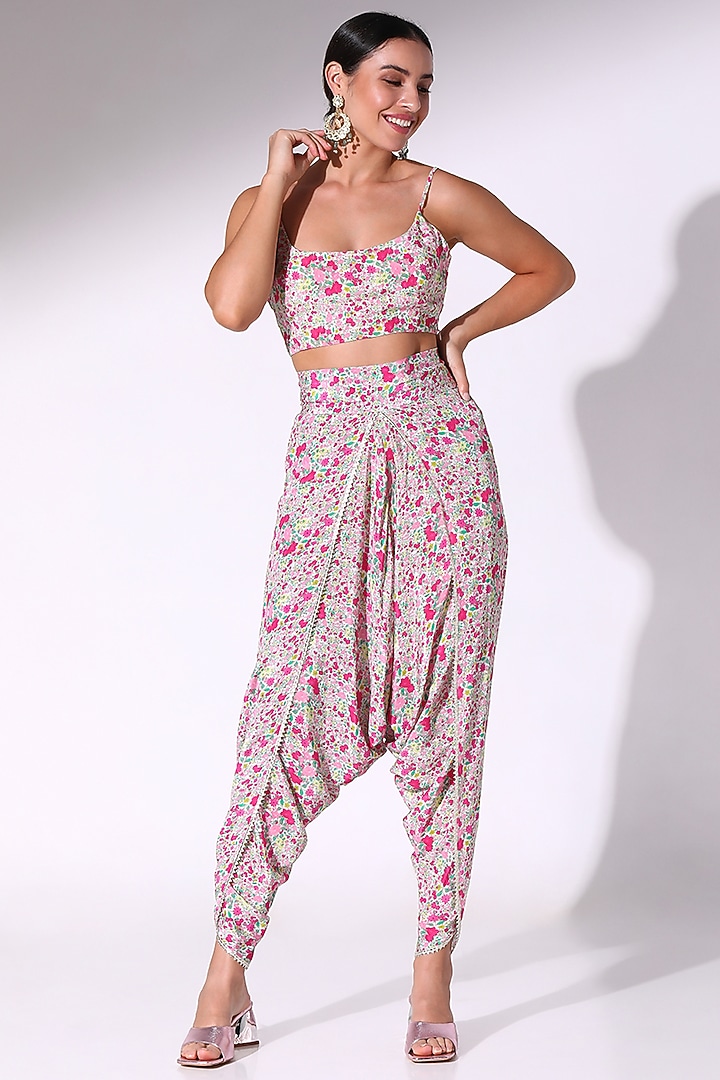 Pink Crepe Floral Printed Ruffle Kaftan Set by Sakshi Girri at Pernia's Pop Up Shop