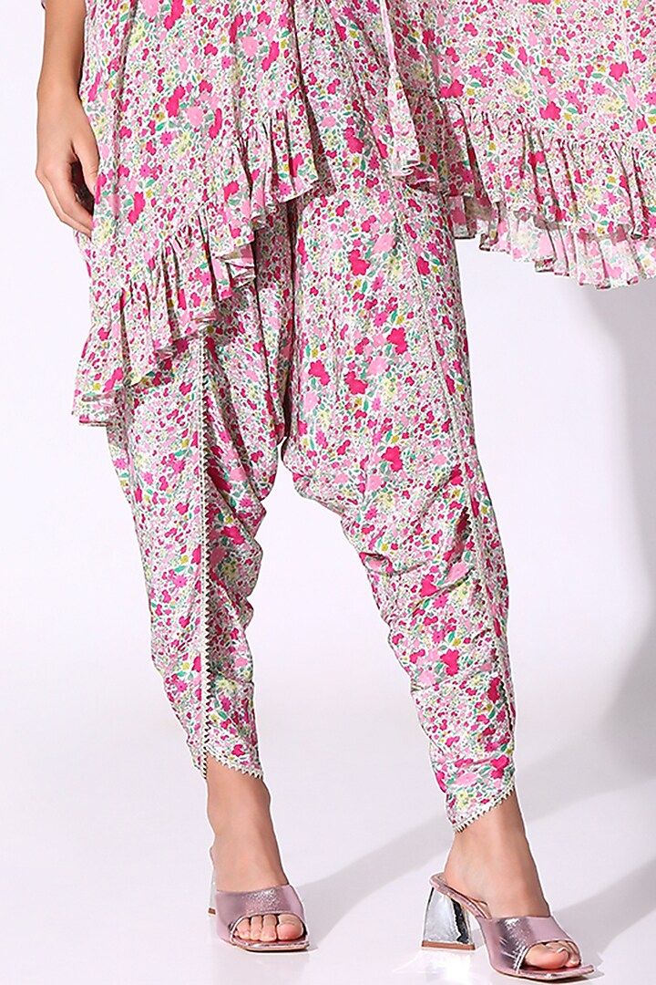 Pink Crepe Floral Printed Ruffle Kaftan Set by Sakshi Girri at Pernia's Pop Up Shop