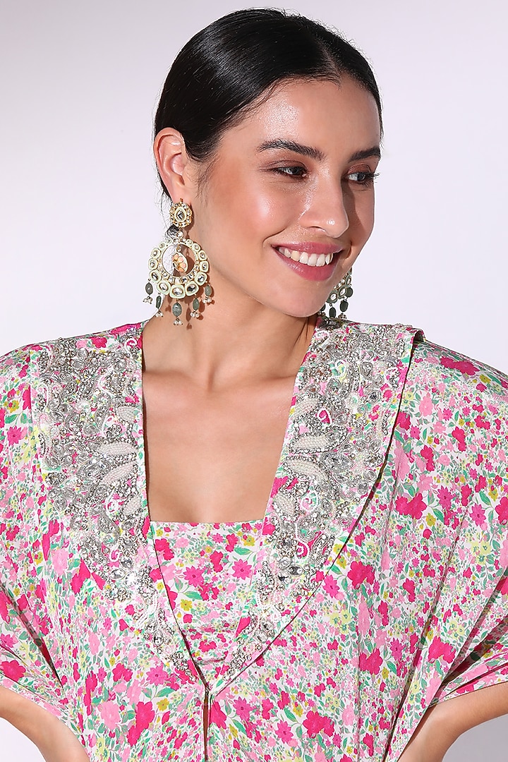 Pink Crepe Floral Printed Ruffle Kaftan Set by Sakshi Girri at Pernia's Pop Up Shop