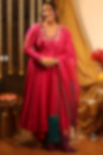 Pink Handwoven Chanderi Hand Embroidered Party Wear Anarkali Set by The Aarya at Pernia's Pop Up Shop